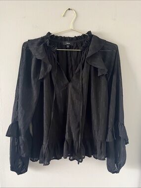 Aeom Black Ruffle-Trim Semi-Sheer Blouse